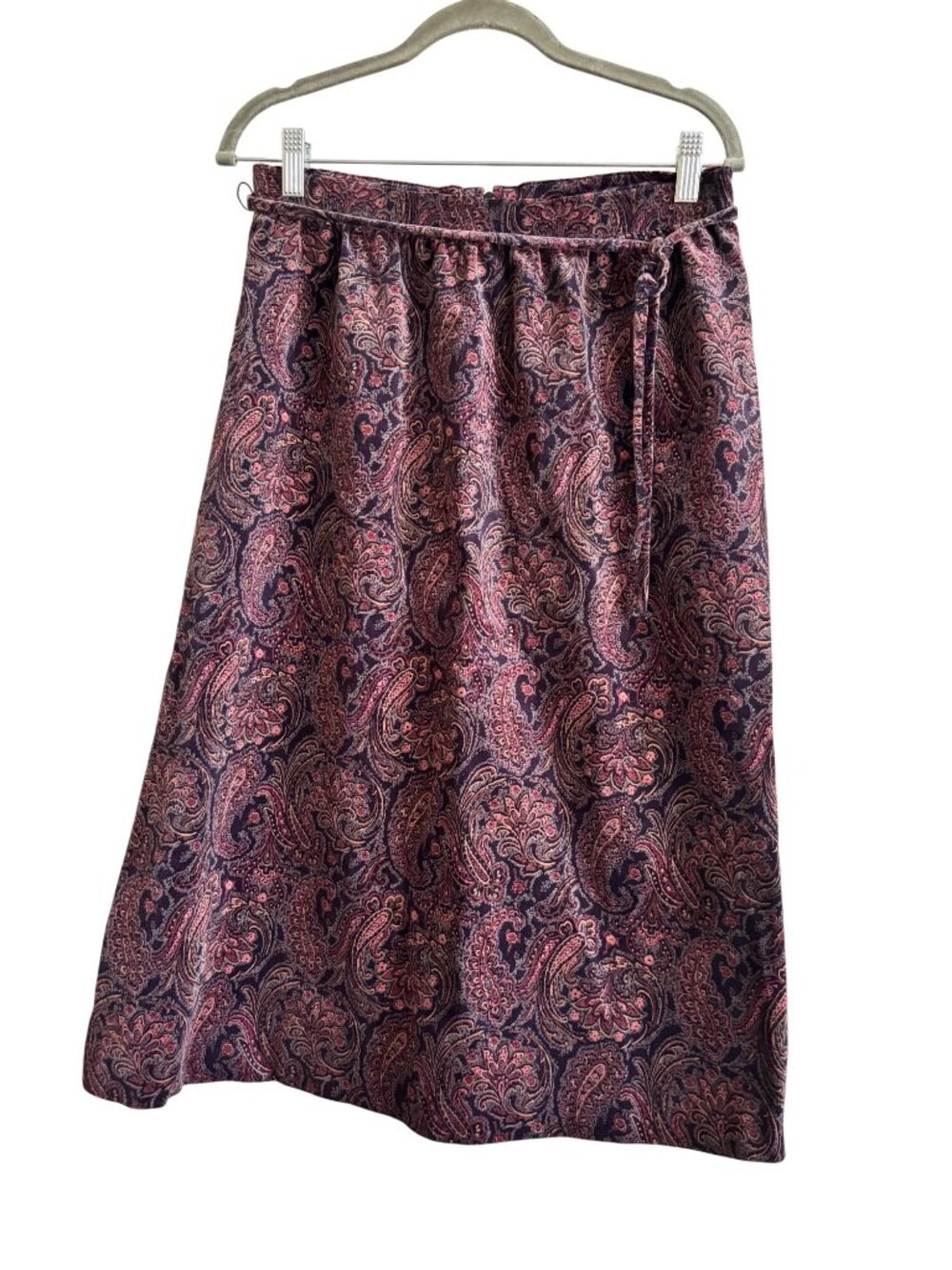 Vintage Povtec Paisley Velvet A Line Midi Skirt Purple Red Cotton Lightweight